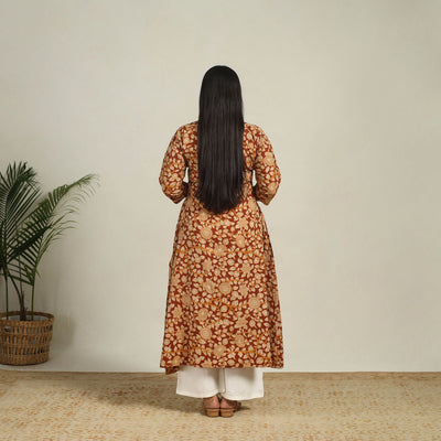 Brown - Printed Cotton A-Line Kalamkari Kurta 08
