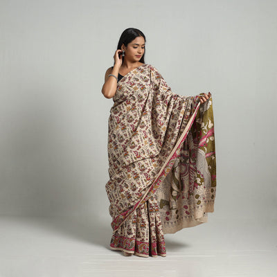 Beige - Kalamkari Print Cotton Saree with Blouse 13