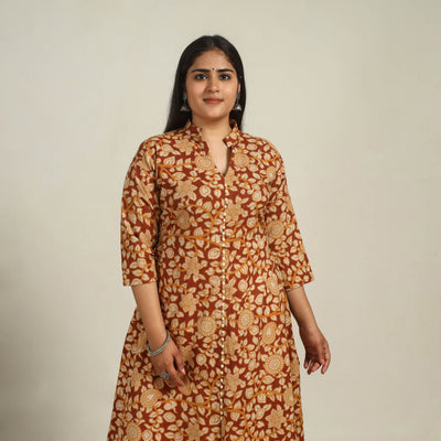 Brown - Printed Cotton A-Line Kalamkari Kurta 08