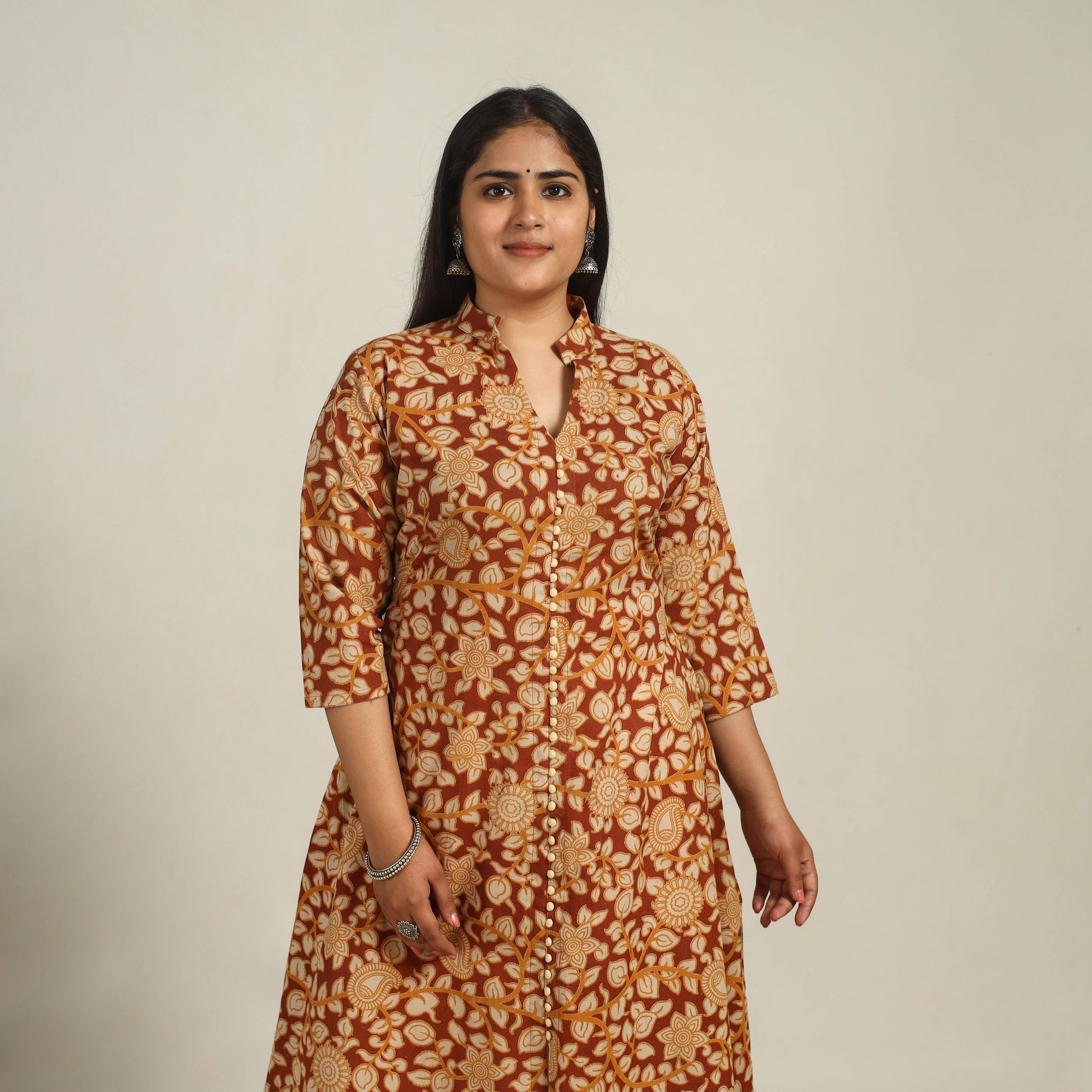 Brown - Printed Cotton A-Line Kalamkari Kurta 08