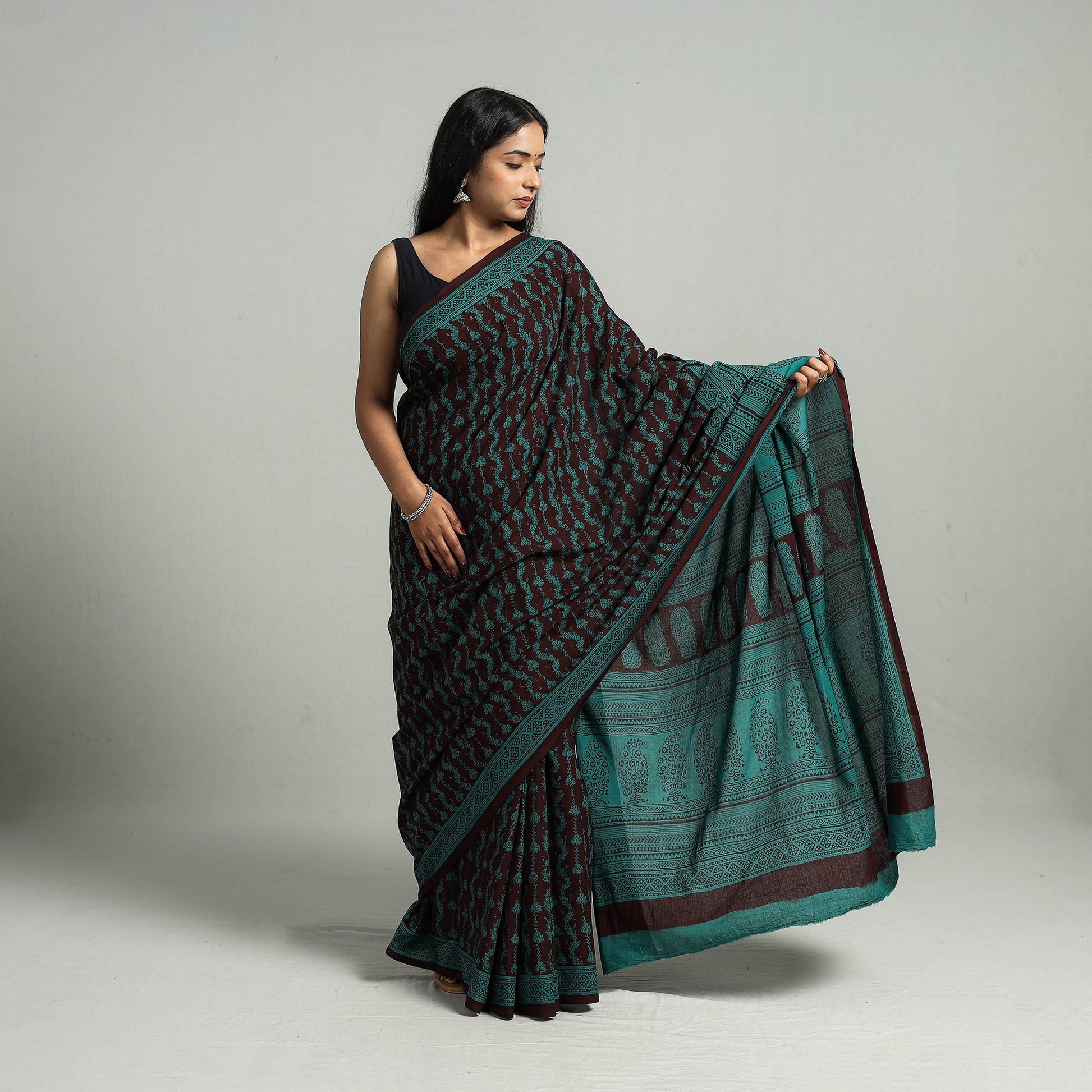 Brown - Natural Dyed Bagh Print Cotton Saree with Blouse Piece 16