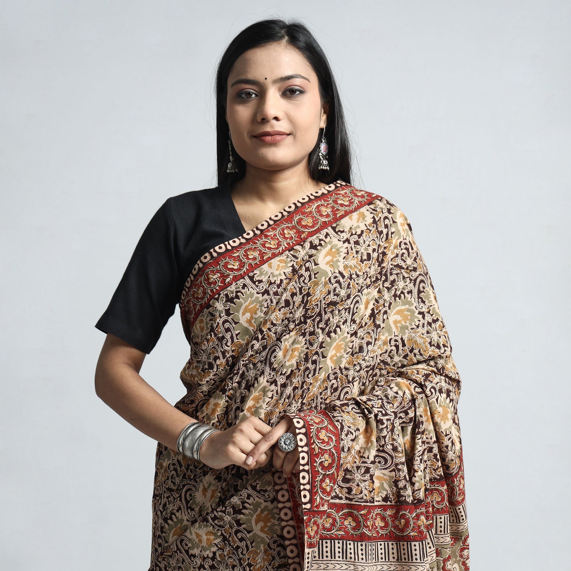 Brown - Pedana Block Print Cotton Kalamkari Saree