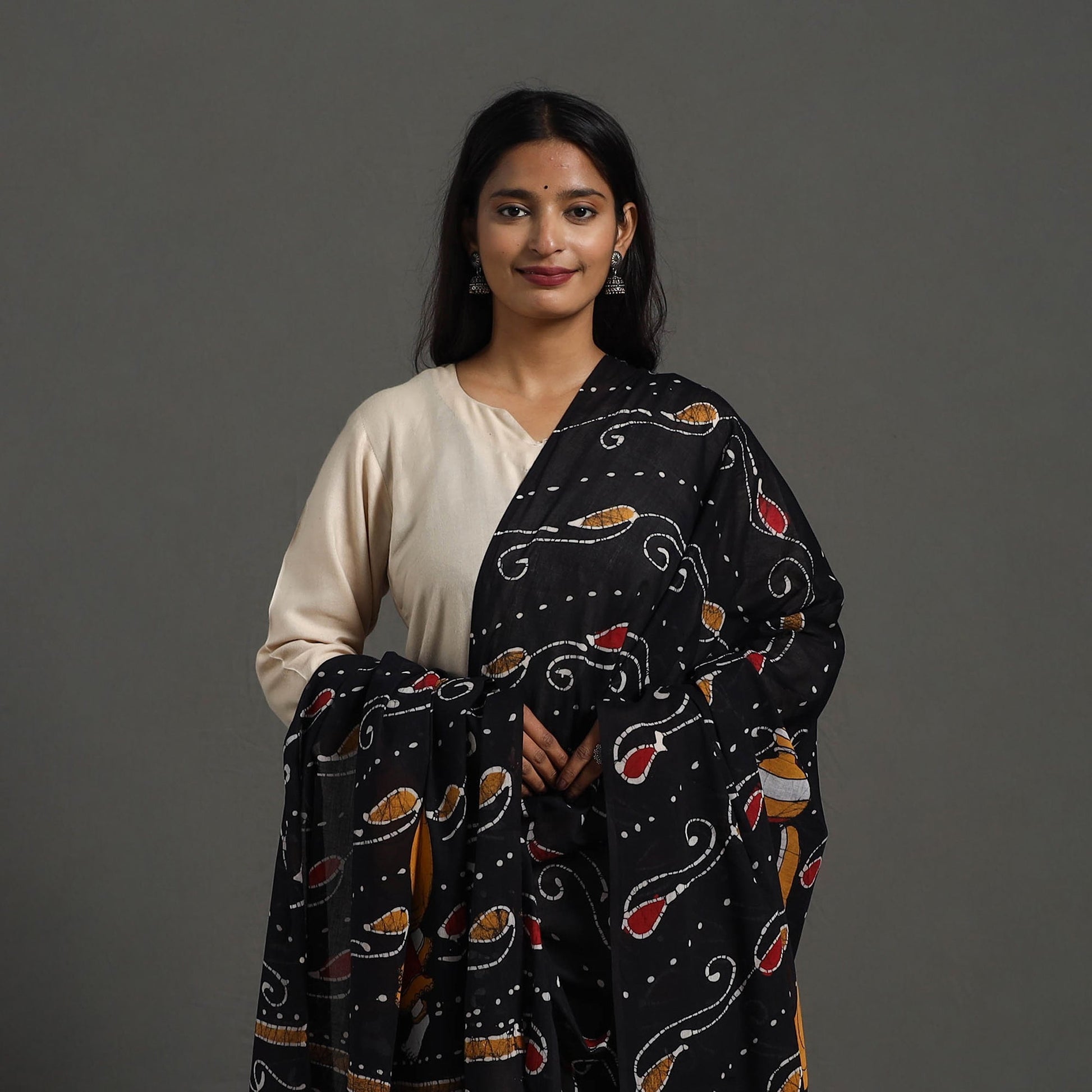 Black - Cotton Hand Batik Print Dupatta 38