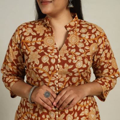 Brown - Printed Cotton A-Line Kalamkari Kurta 08
