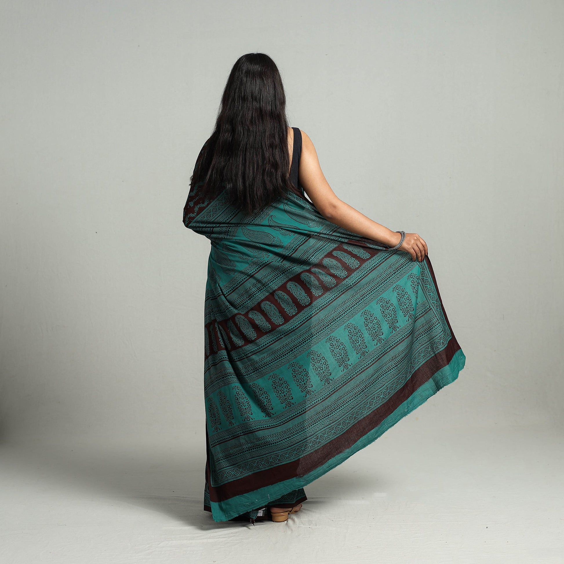 Brown - Natural Dyed Bagh Print Cotton Saree with Blouse Piece 16