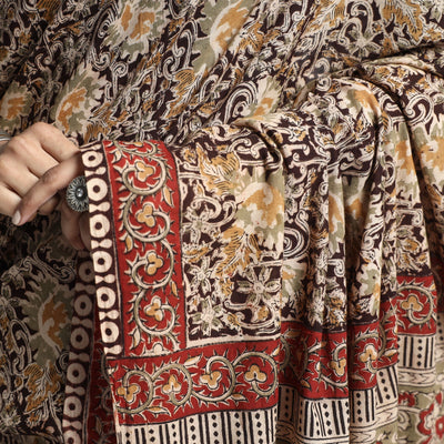 Brown - Pedana Block Print Cotton Kalamkari Saree