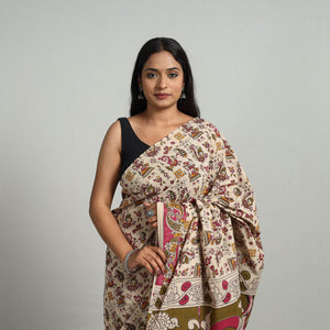 Beige - Kalamkari Print Cotton Saree with Blouse 13