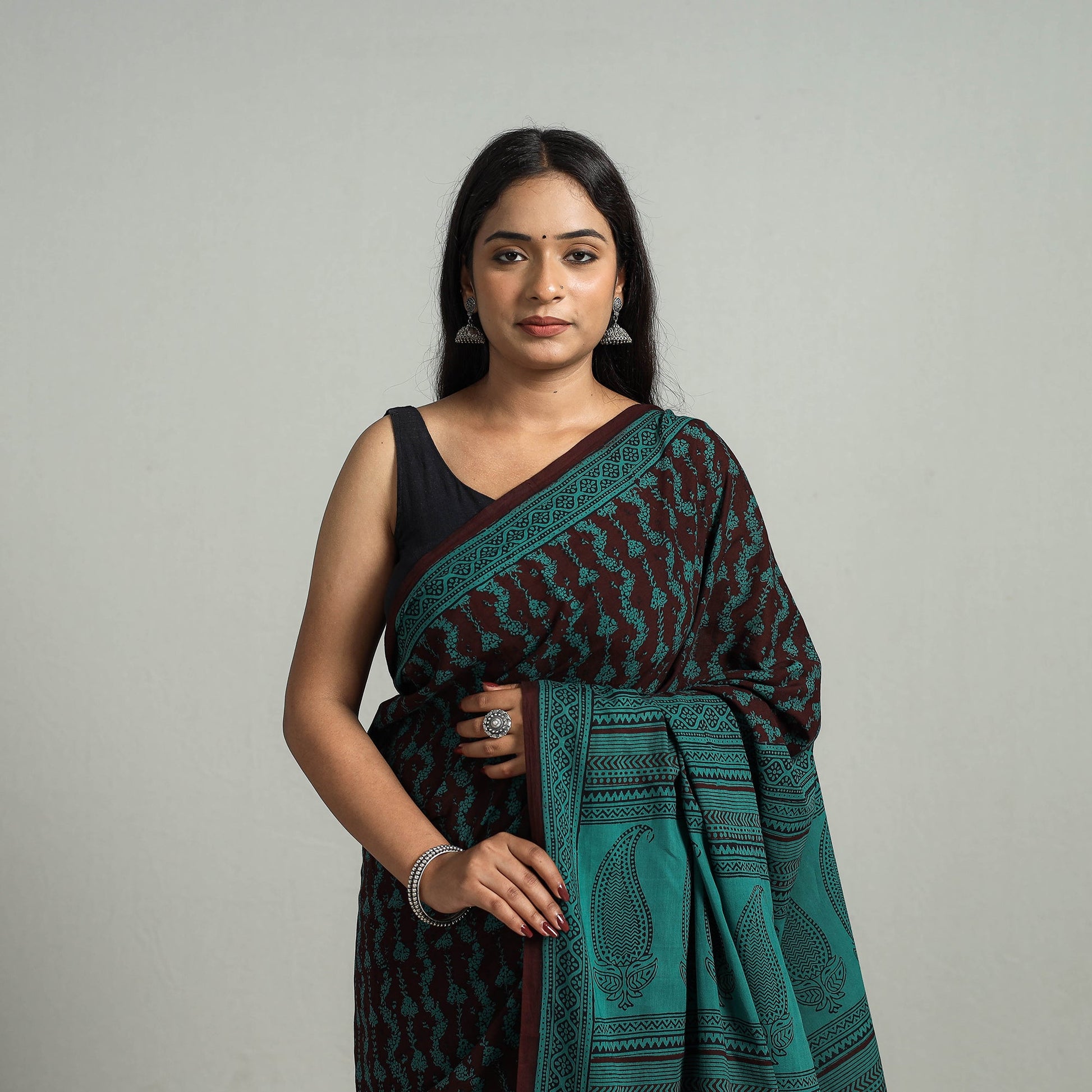 Brown - Natural Dyed Bagh Print Cotton Saree with Blouse Piece 16