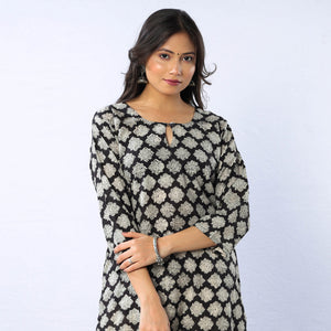 Black & White - Flower Buta Bagru Block Printed Cotton Long Straight Kurta