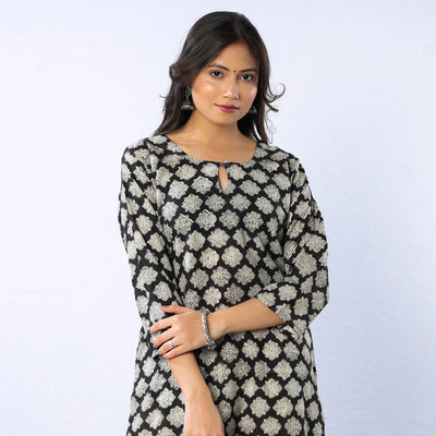 Black & White - Flower Buta Bagru Block Printed Cotton Long Straight Kurta