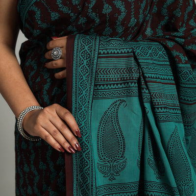 Brown - Natural Dyed Bagh Print Cotton Saree with Blouse Piece 16