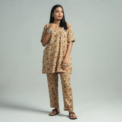 Beige - Pedana Kalamkari Block Printed Cotton Co-Ord Set