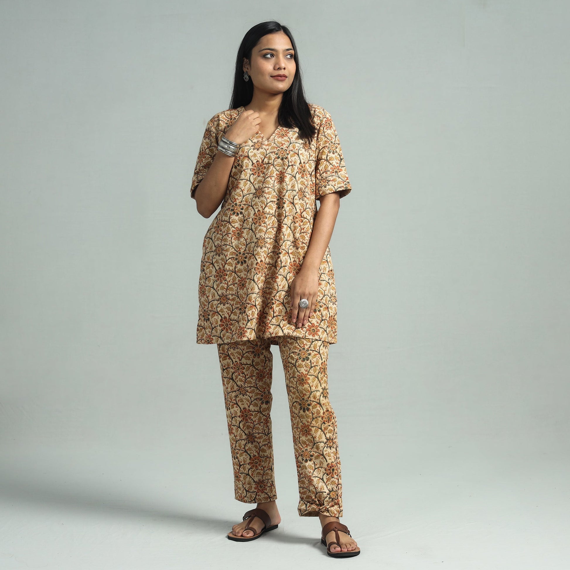 Beige - Pedana Kalamkari Block Printed Cotton Co-Ord Set
