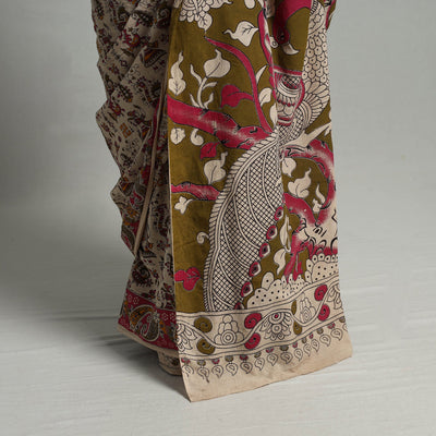 Beige - Kalamkari Print Cotton Saree with Blouse 13