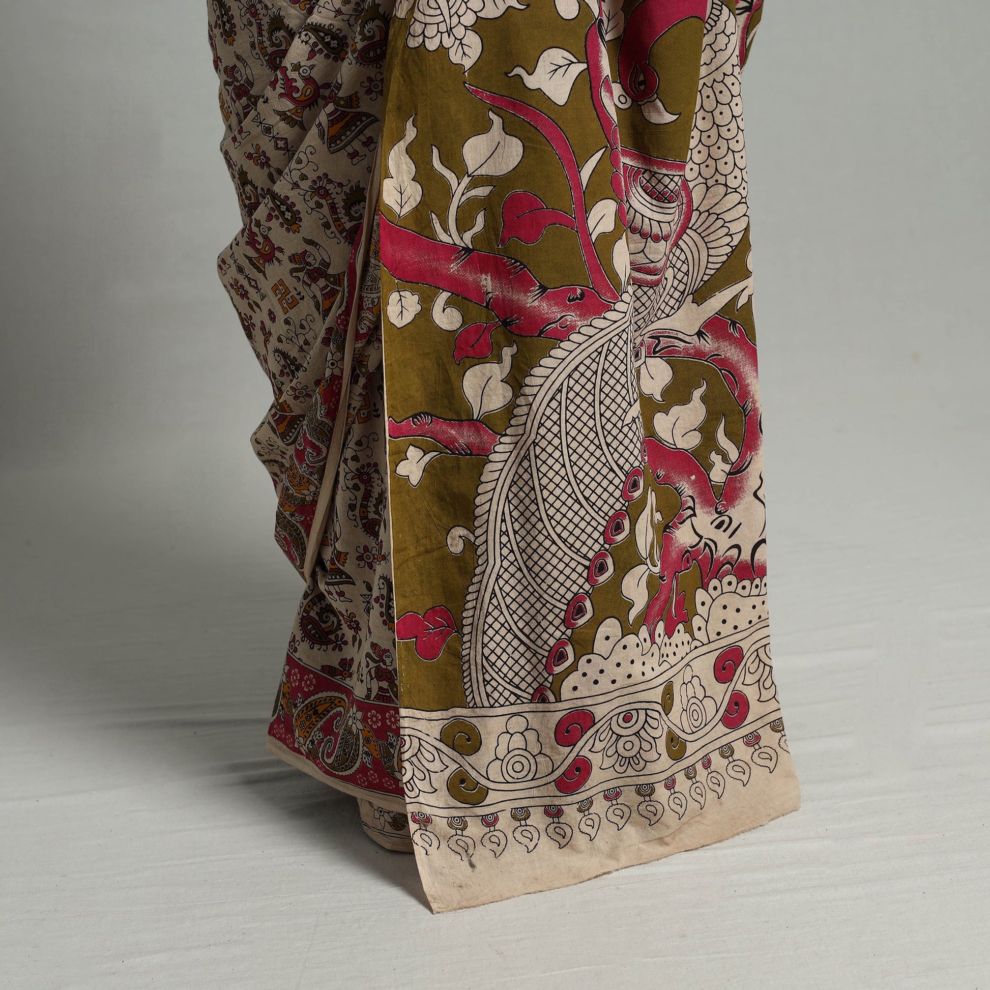 Beige - Kalamkari Print Cotton Saree with Blouse 13