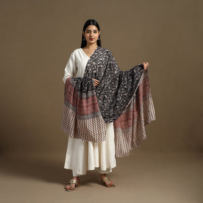 Black - Block Print Mul Cotton Bagru Dupatta 02