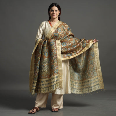 Brown - Pure Tussar Silk Pen Work Srikalahasti Kalamkari Dupatta with Dobby Border