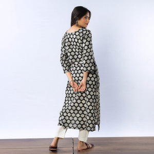 Black & White - Flower Buta Bagru Block Printed Cotton Long Straight Kurta
