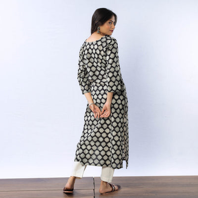Black & White - Flower Buta Bagru Block Printed Cotton Long Straight Kurta