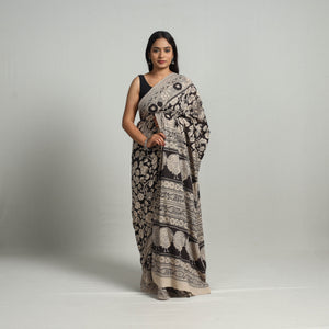 Black - Kalamkari Print Cotton Saree with Blouse 14