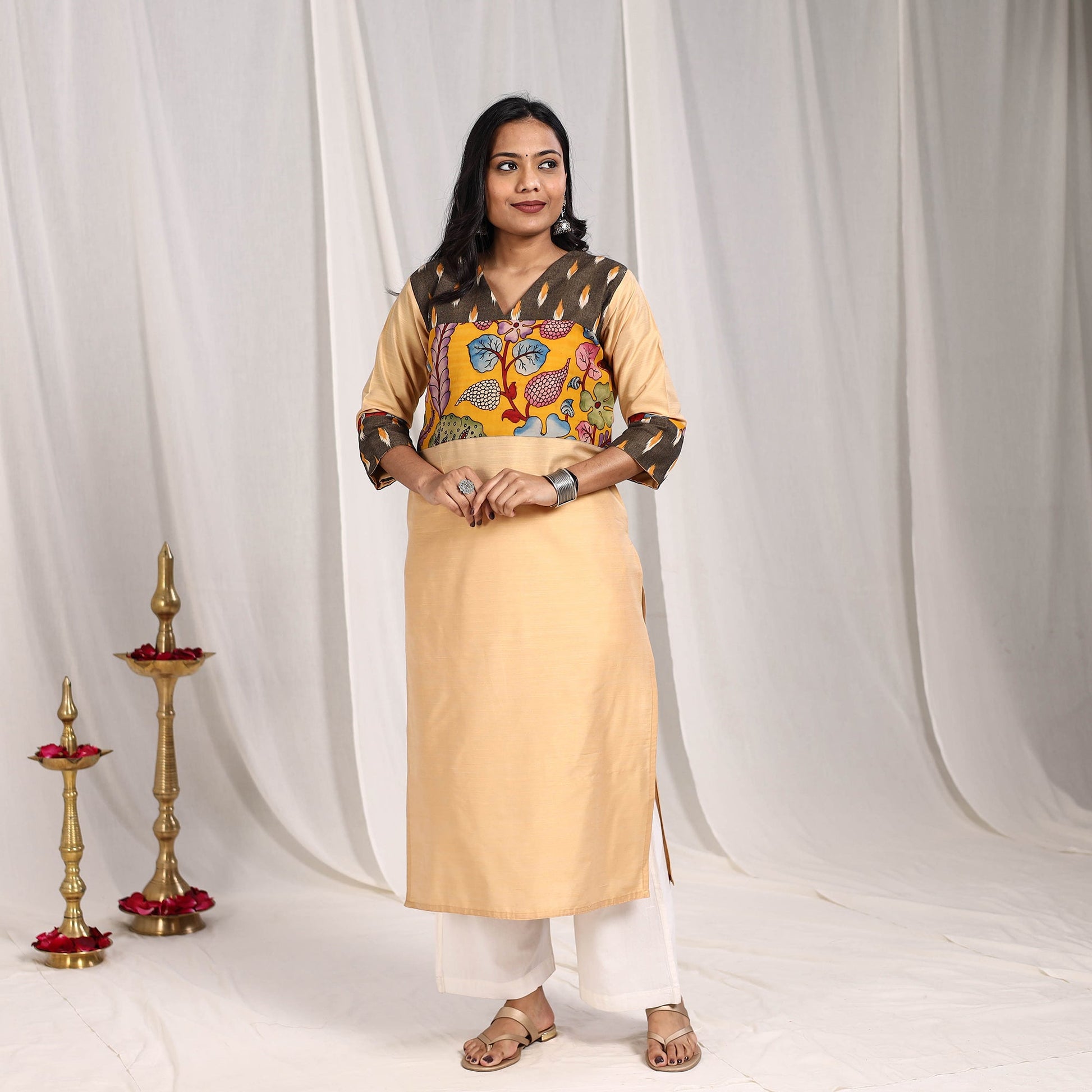 Beige - Ruhi Slub Silk Straight Plain Kurta with Patchwork