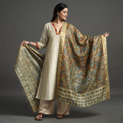 Brown - Pure Tussar Silk Pen Work Srikalahasti Kalamkari Dupatta with Dobby Border