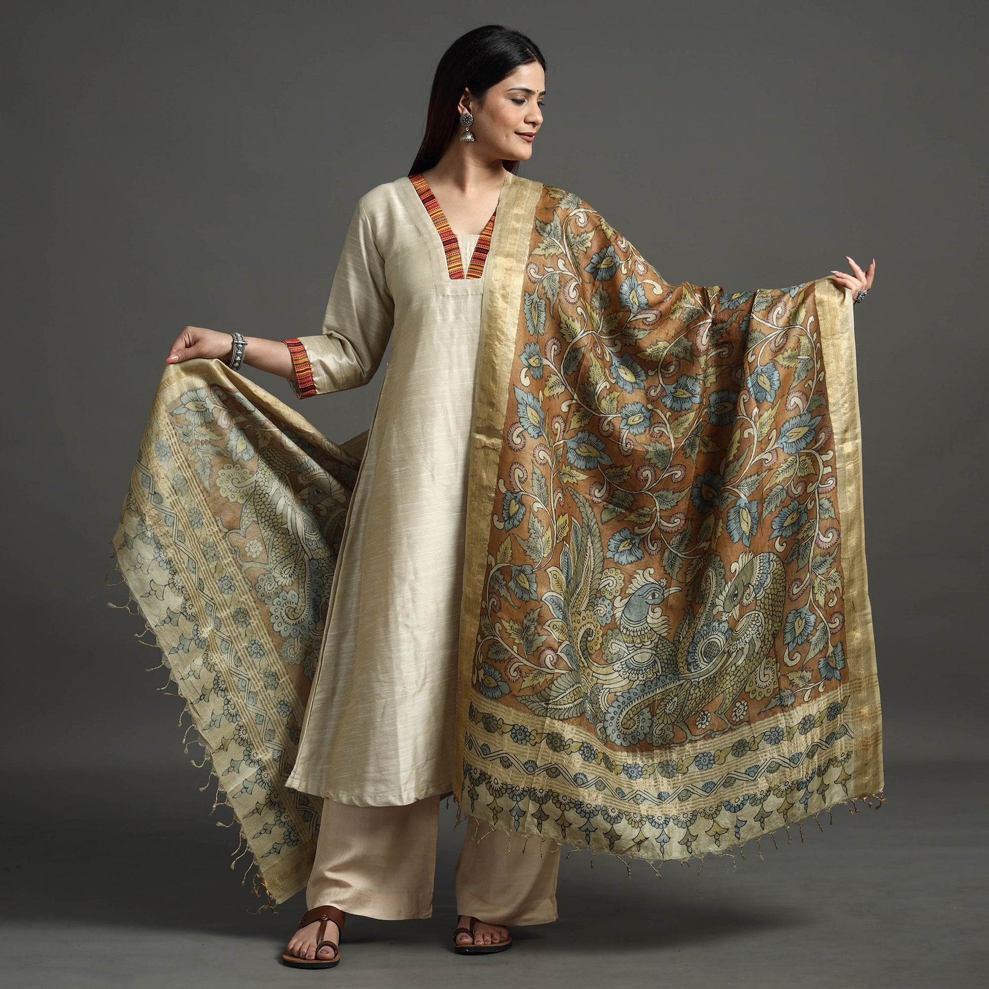 Brown - Pure Tussar Silk Pen Work Srikalahasti Kalamkari Dupatta with Dobby Border