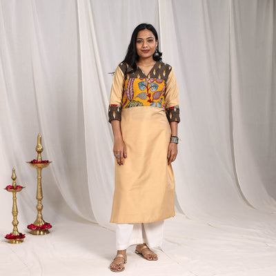 Beige - Ruhi Slub Silk Straight Plain Kurta with Patchwork