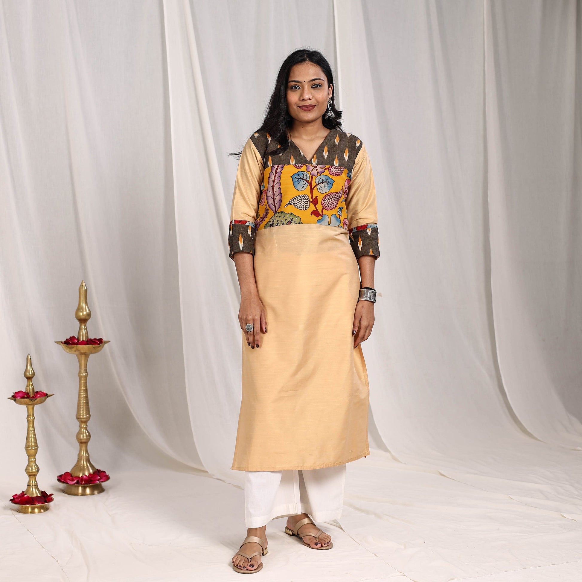 Beige - Ruhi Slub Silk Straight Plain Kurta with Patchwork