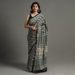 Brown - Pipad Hand Block Printed Cotton Saree