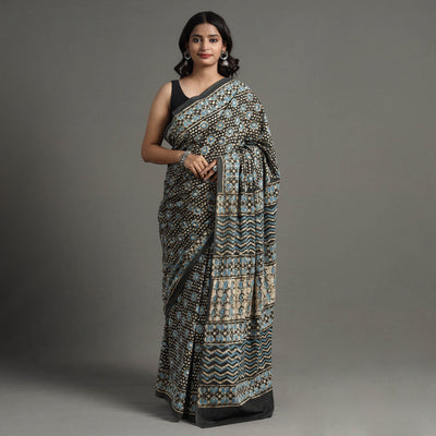 Brown - Pipad Hand Block Printed Cotton Saree