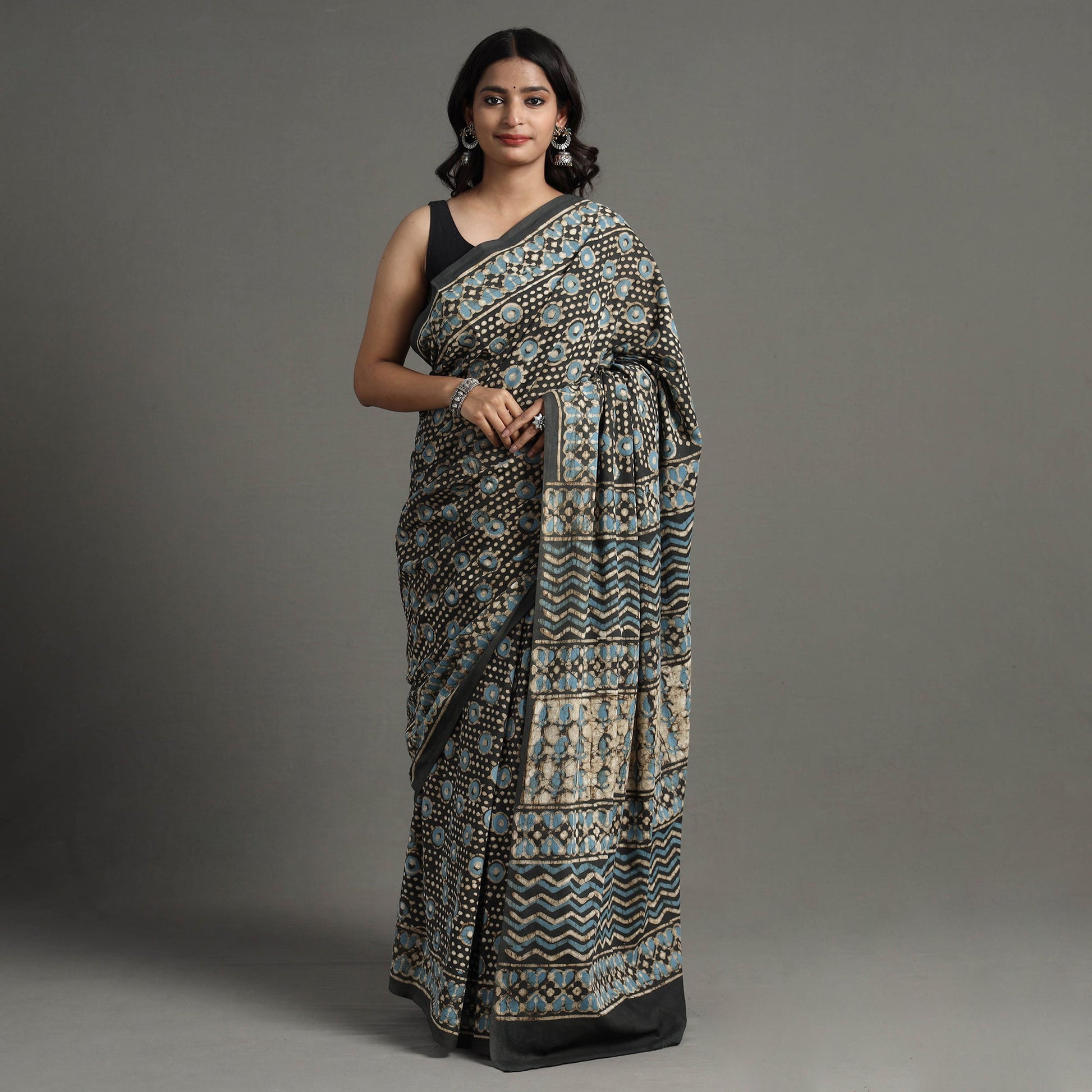 Brown - Pipad Hand Block Printed Cotton Saree