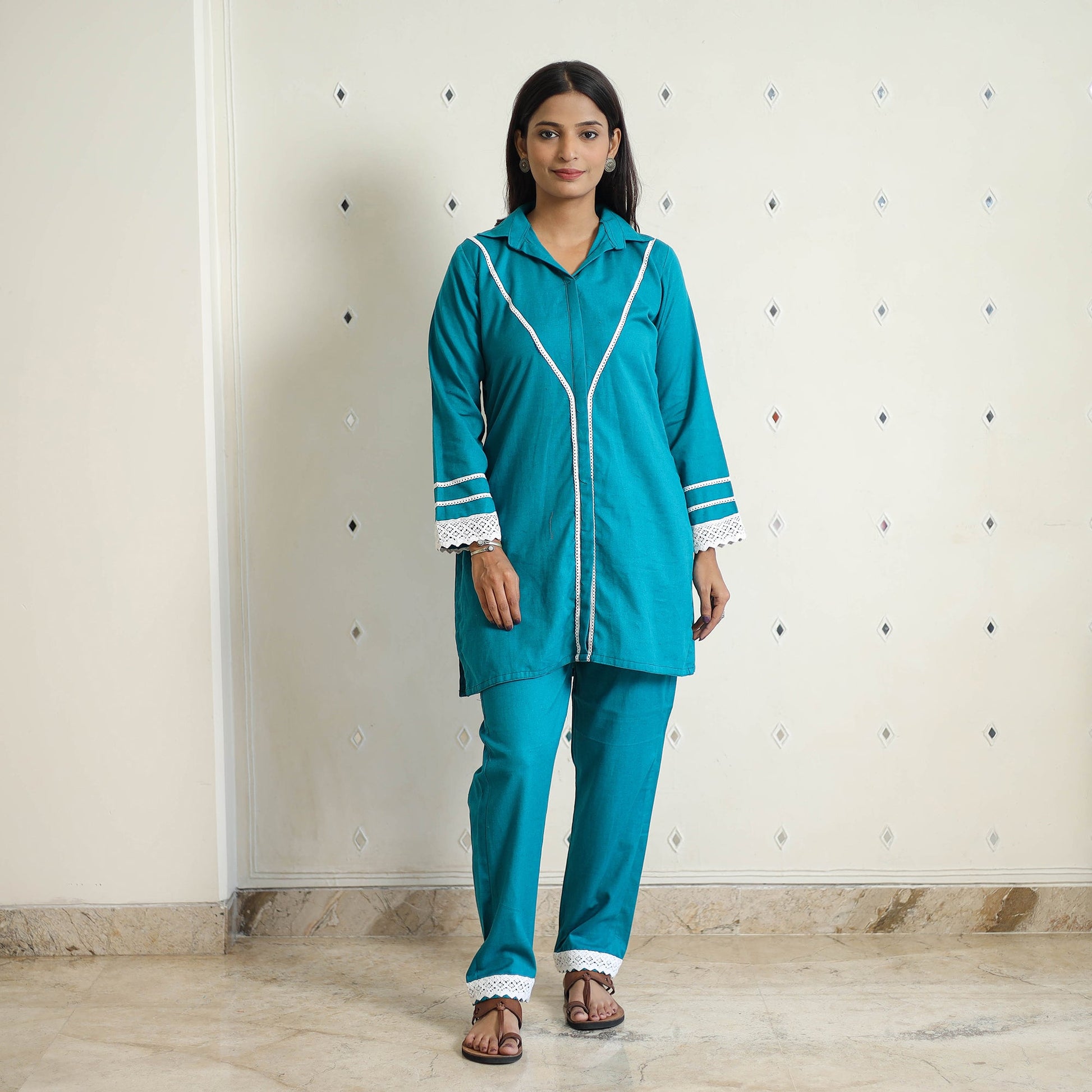Blue - Flex Cotton Plain Co-Ord Set With Lace Work 04