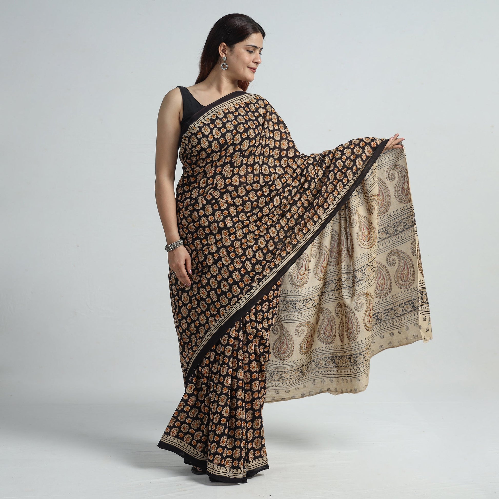 Black - Pedana Block Print Cotton Kalamkari Saree 14