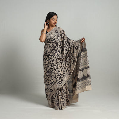 Black - Kalamkari Print Cotton Saree with Blouse 14