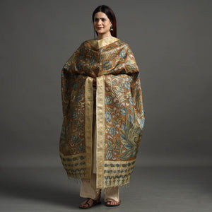 Brown - Pure Tussar Silk Pen Work Srikalahasti Kalamkari Dupatta with Dobby Border