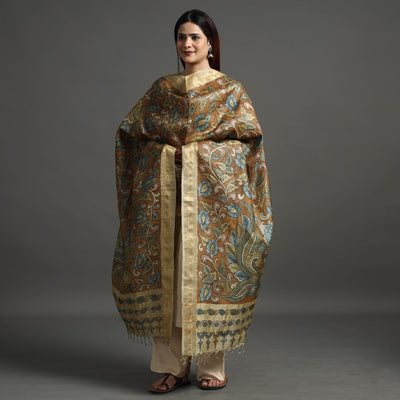 Brown - Pure Tussar Silk Pen Work Srikalahasti Kalamkari Dupatta with Dobby Border