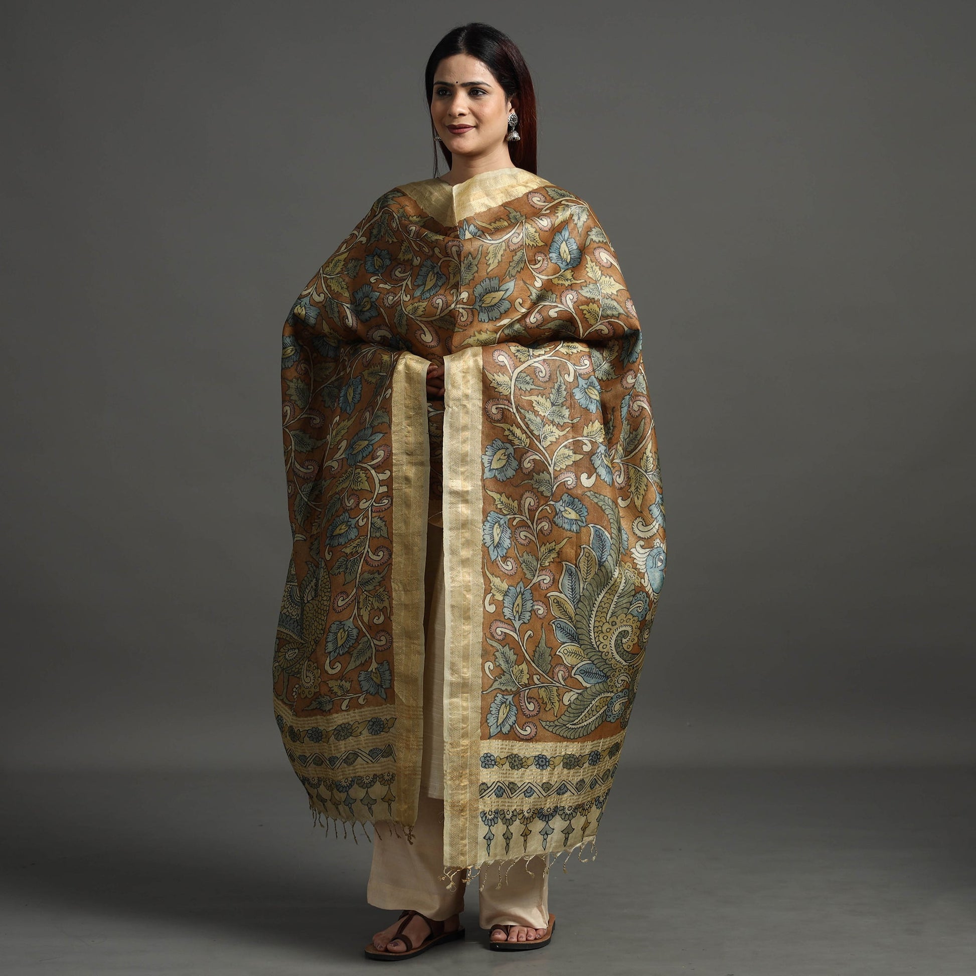 Brown - Pure Tussar Silk Pen Work Srikalahasti Kalamkari Dupatta with Dobby Border