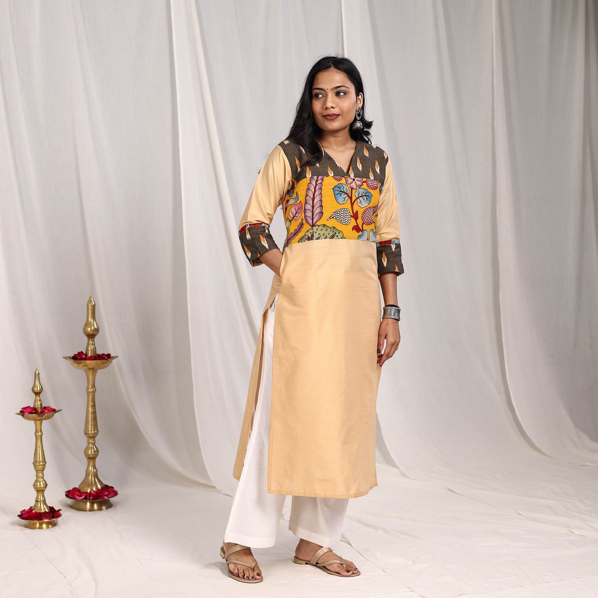 Beige - Ruhi Slub Silk Straight Plain Kurta with Patchwork