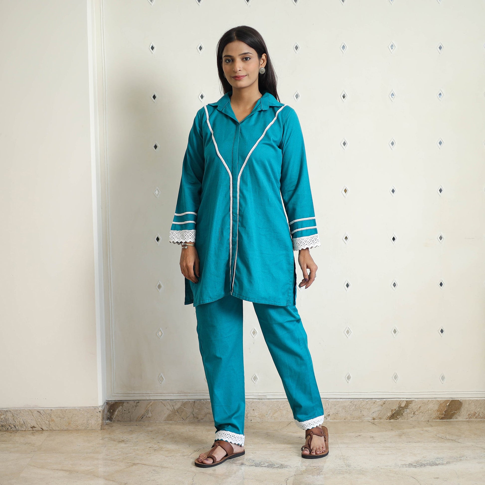 Blue - Flex Cotton Plain Co-Ord Set With Lace Work 04