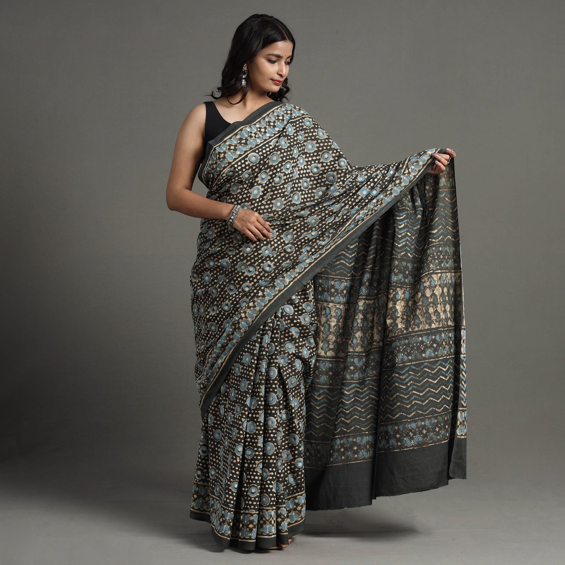 Brown - Pipad Hand Block Printed Cotton Saree