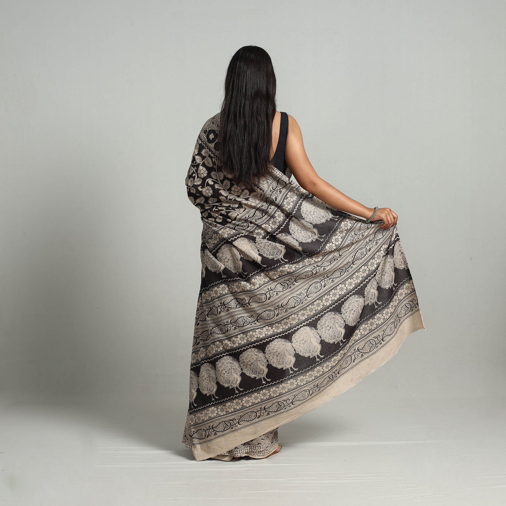 Black - Kalamkari Print Cotton Saree with Blouse 14