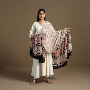 Beige - Block Print Mul Cotton Bagru Dupatta 03