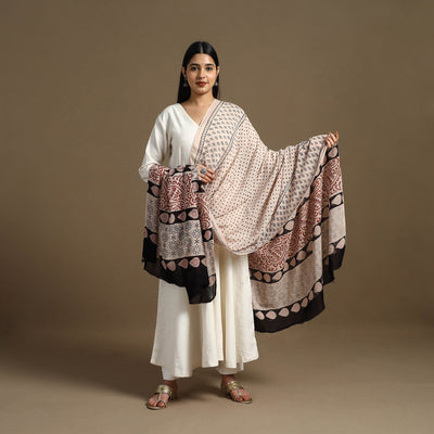 Beige - Block Print Mul Cotton Bagru Dupatta 03