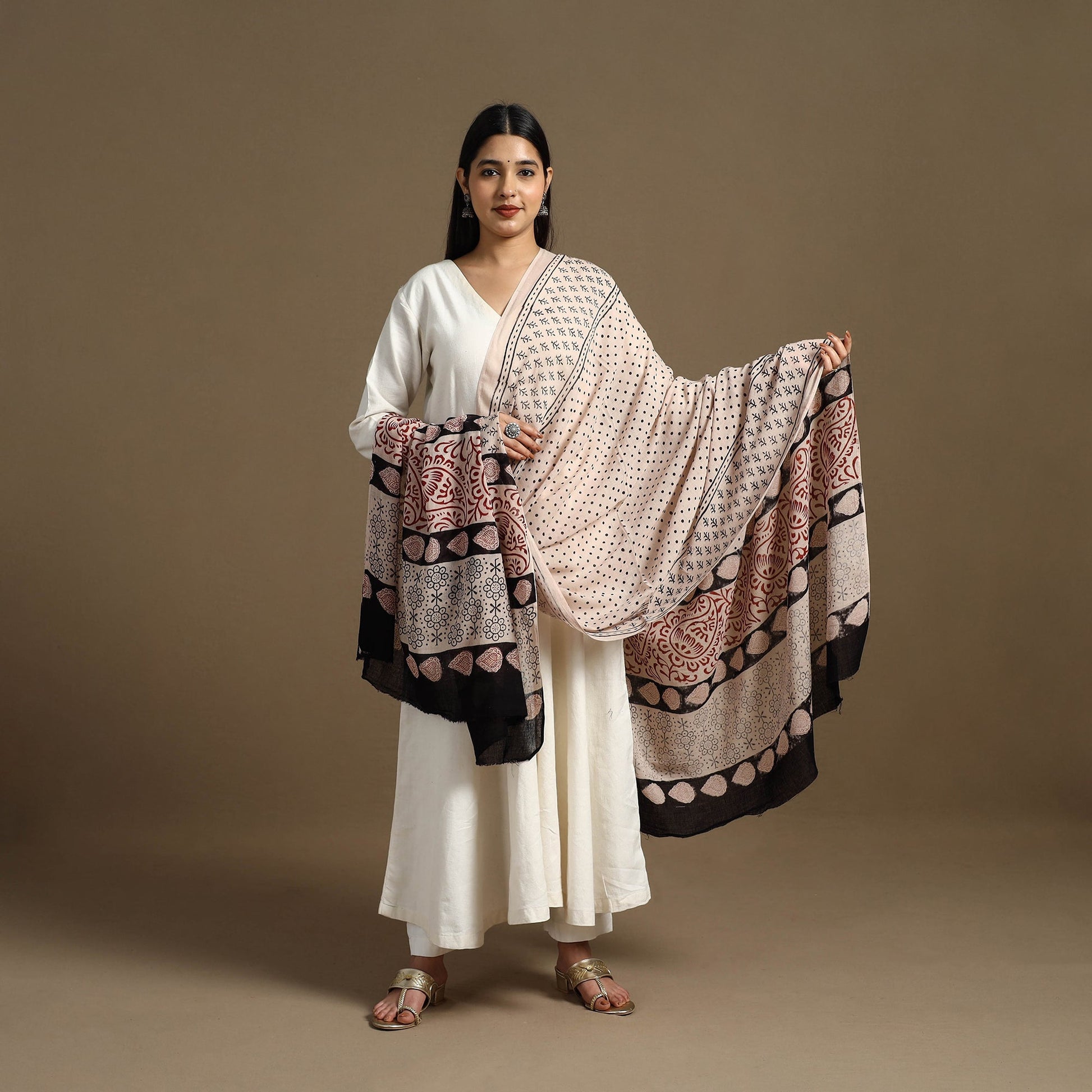Beige - Block Print Mul Cotton Bagru Dupatta 03