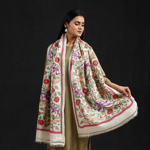 Beige - Handloom Tussar Silk Bengal Kantha Work Work Stole 49