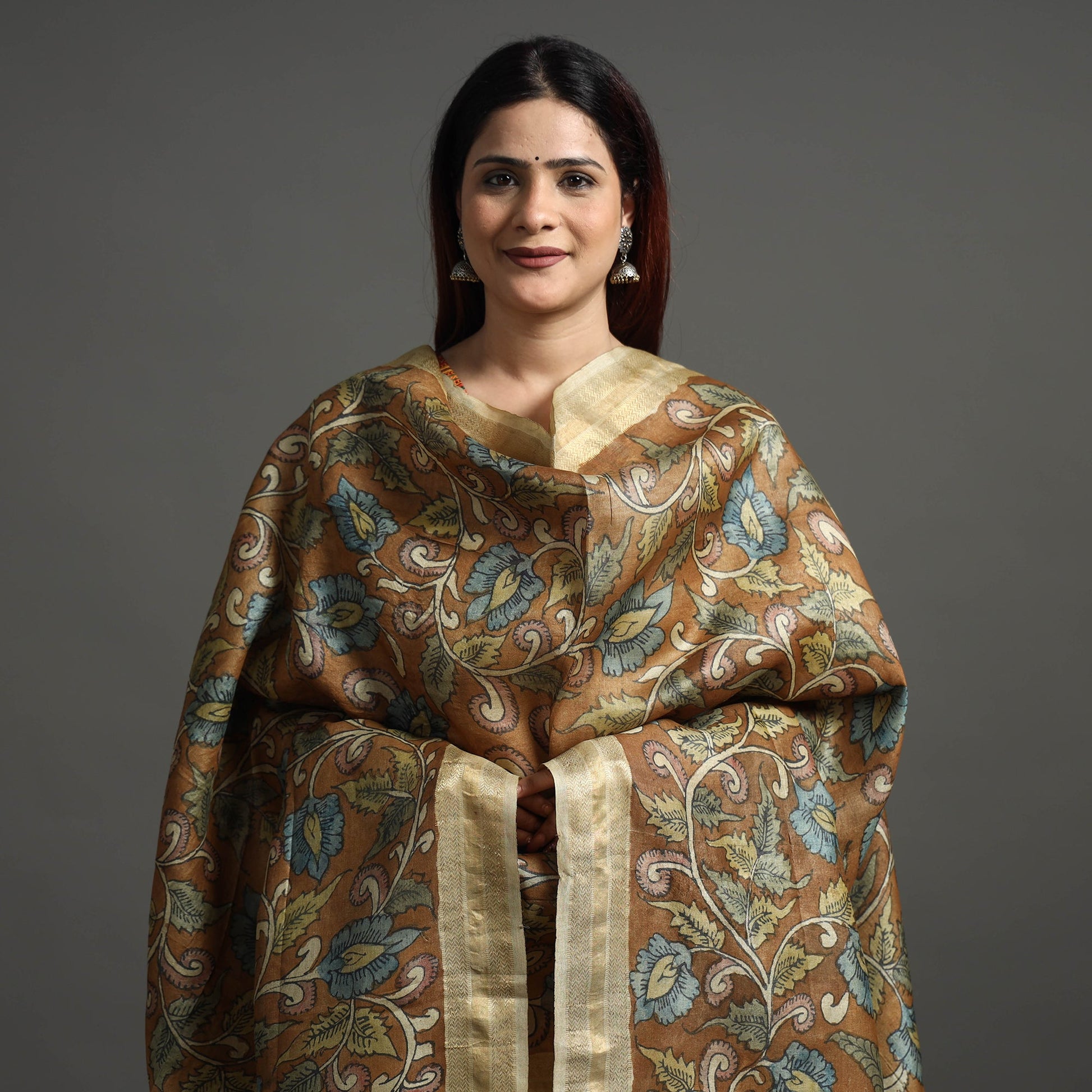 Brown - Pure Tussar Silk Pen Work Srikalahasti Kalamkari Dupatta with Dobby Border