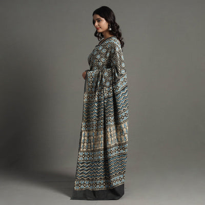 Brown - Pipad Hand Block Printed Cotton Saree