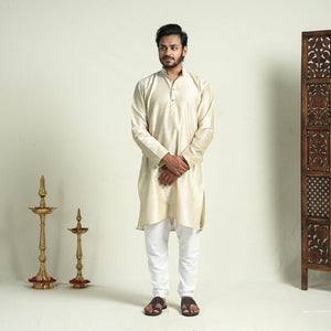 Beige - Plain Dyed Slub Silk Men Long Kurta