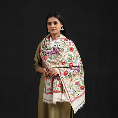 Beige - Handloom Tussar Silk Bengal Kantha Work Work Stole 49